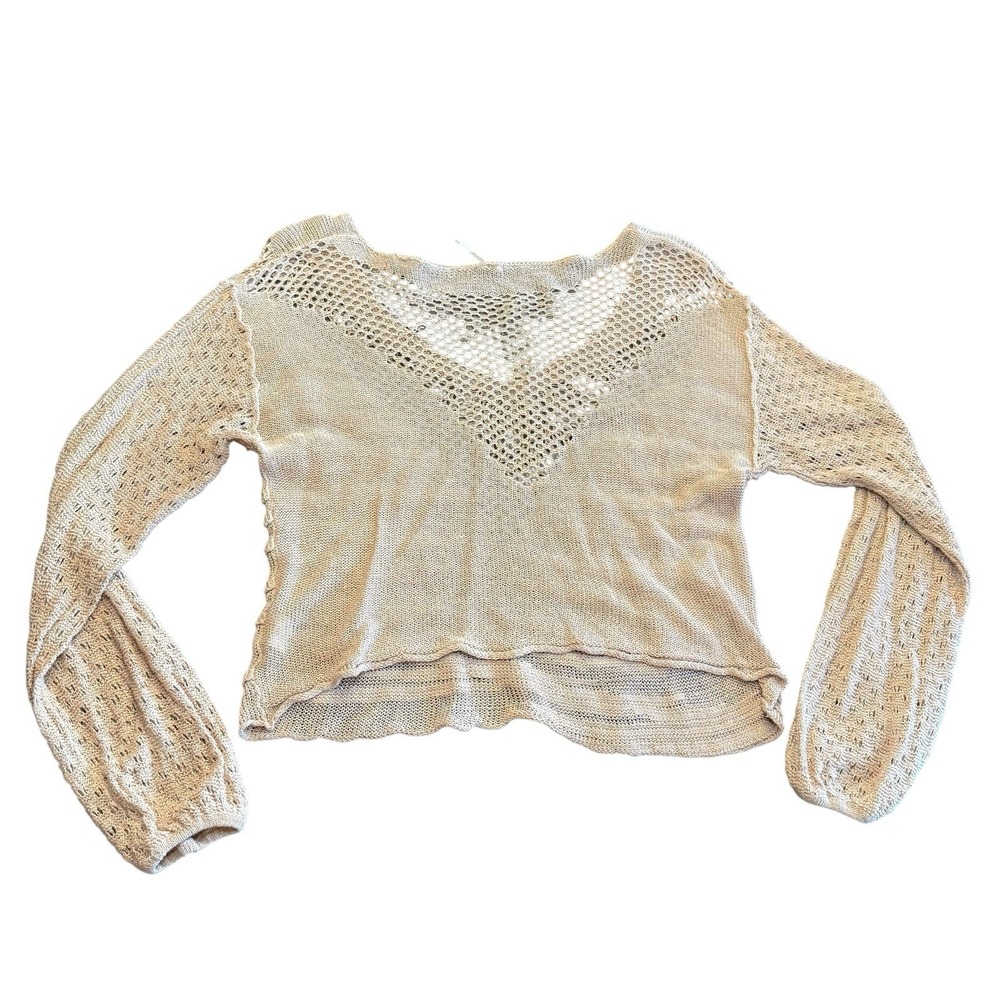 Free People Tan Open Knit Ruffle V-Neck‎ Linen Blend Crop Sweater Small - Picture 4 of 8
